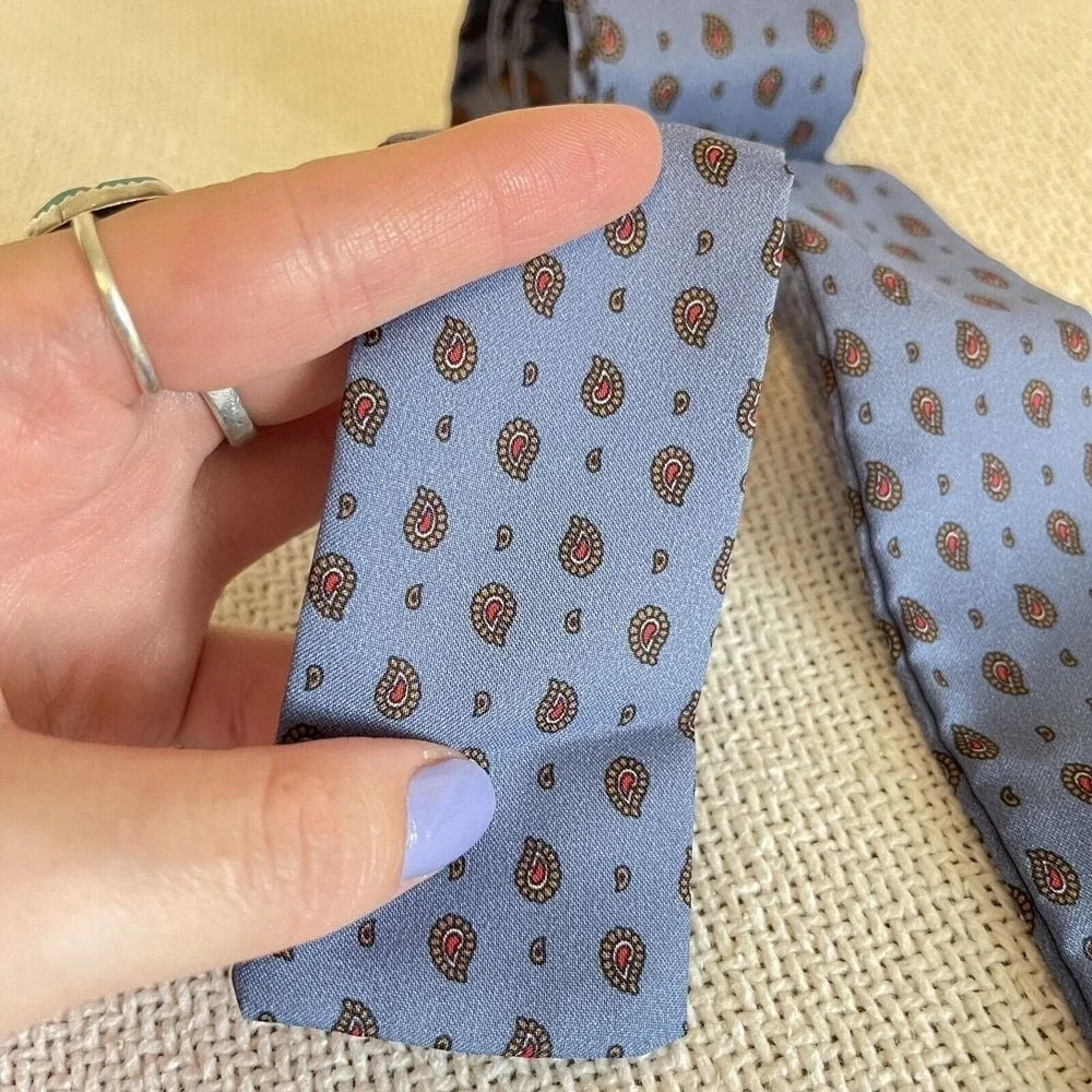 Vintage Groovy Mcm Patterned Tie Hair Neck‎ Scarves 2x48 Blue Paisley 70s Chic